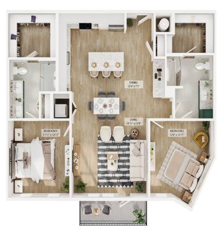 Floor plan for 2 beds, 2 baths, 1299 sqft