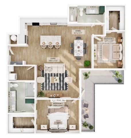 Floor plan for 2 beds, 2 baths, 1314 sqft