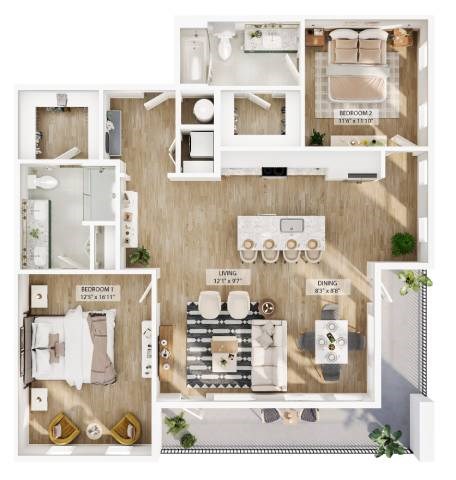 Floor plan for 2 beds, 2 baths, 1329 sqft