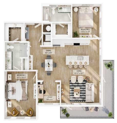 Floor plan for 2 beds, 2 baths, 1315 sqft