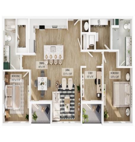 Floor plan for 2 beds, 2 baths, 1360 sqft