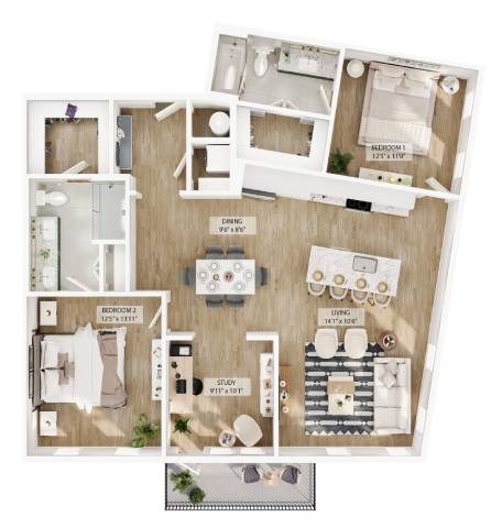 Floor plan for 2 beds, 2 baths, 1373 sqft