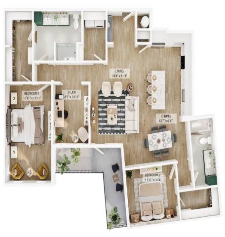 Floor plan for 2 beds, 2 baths, 1510 sqft