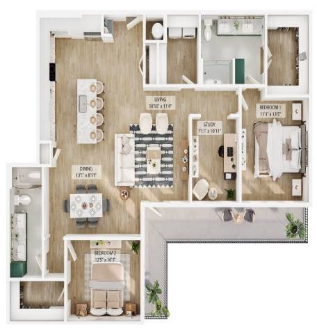 Floor plan for 2 beds, 2 baths, 1527 sqft