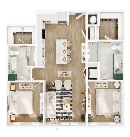 Floor plan for 2 beds, 2 baths, 1048 sqft