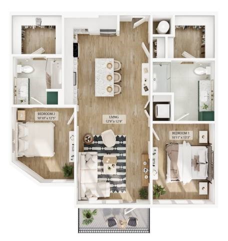 Floor plan for 2 beds, 2 baths, 1104 sqft