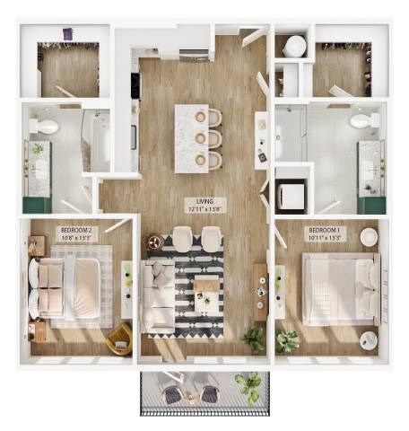 Floor plan for 2 beds, 2 baths, 1152 sqft