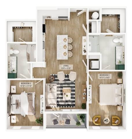 Floor plan for 2 beds, 1 bath, 1166 sqft