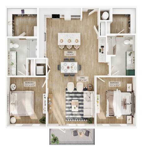 Floor plan for 2 beds, 2 baths, 1282 sqft