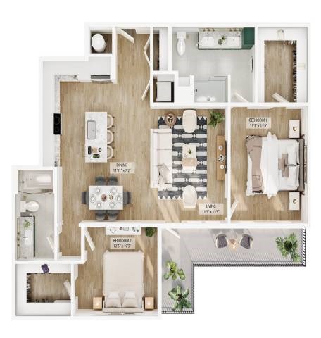 Floor plan for 2 beds, 2 baths, 1197 sqft