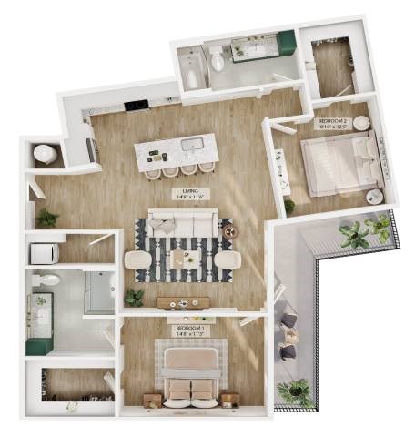 Floor plan for 2 beds, 2 baths, 1218 sqft