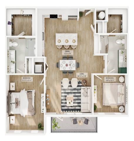 Floor plan for 2 beds, 2 baths, 1234 sqft
