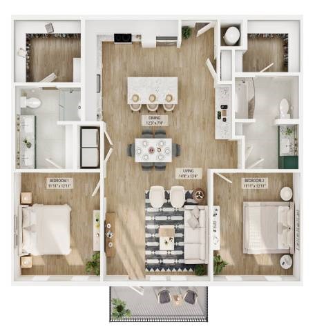 Floor plan for 2 beds, 2 baths, 1280 sqft