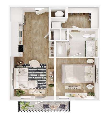 Floor plan for studio, 1 bath, 613 sqft