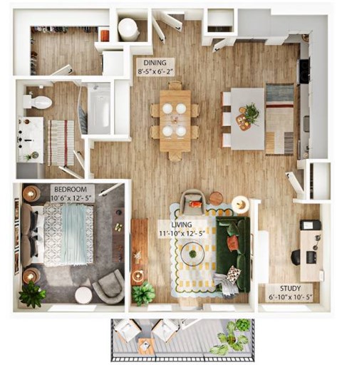Floor plan for 1 bed, 1 bath, 930 sqft