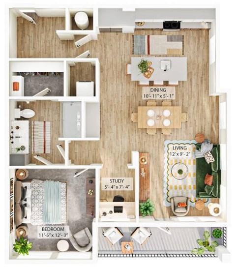 Floor plan for 1 bed, 1 bath, 962 sqft