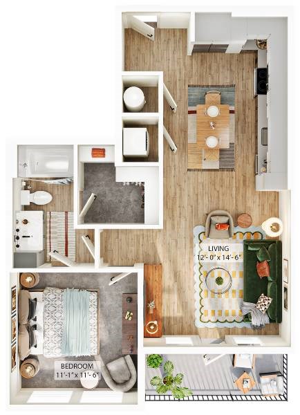 Floor plan for 1 bed, 1 bath, 774 sqft