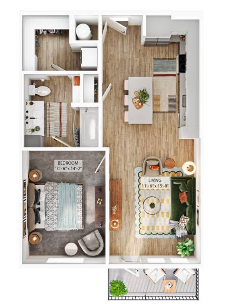 Floor plan for 1 bed, 1 bath, 800 sqft