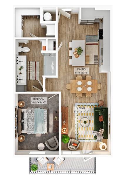 Floor plan for 1 bed, 1 bath, 875 sqft