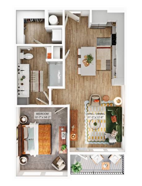 Floor plan for 1 bed, 1 bath, 810 sqft