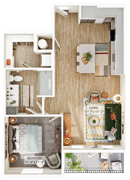 Floor plan for 1 bed, 1 bath, 755 sqft