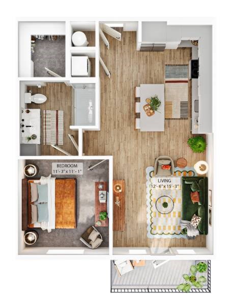 Floor plan for 1 bed, 1 bath, 750 sqft