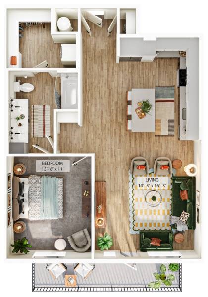 Floor plan for 1 bed, 1 bath, 911 sqft