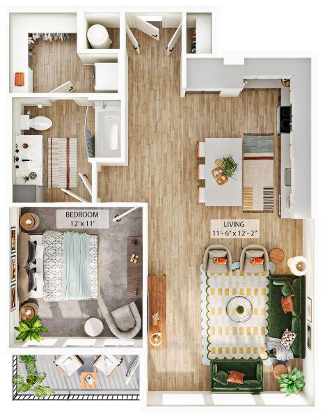 Floor plan for 1 bed, 1 bath, 852 sqft