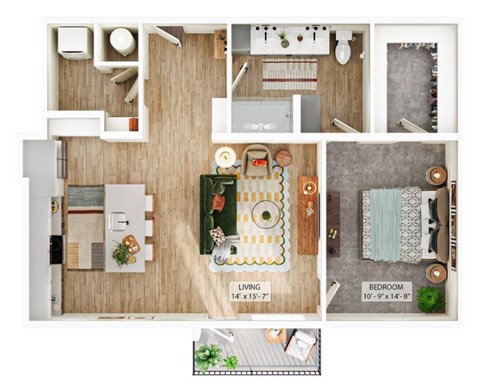 Floor plan for 1 bed, 1 bath, 872 sqft