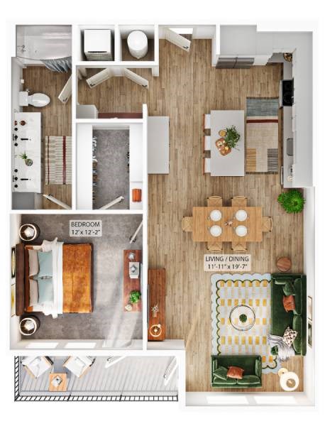 Floor plan for 1 bed, 1 bath, 895 sqft