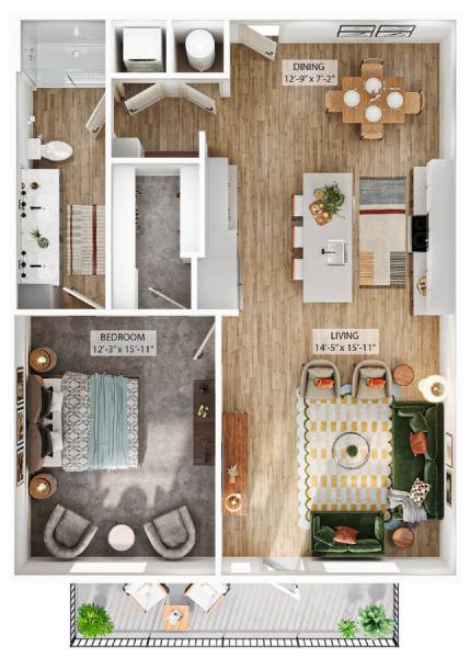 Floor plan for 1 bed, 1 bath, 942 sqft