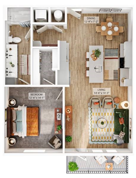 Floor plan for 1 bed, 1 bath, 896 sqft