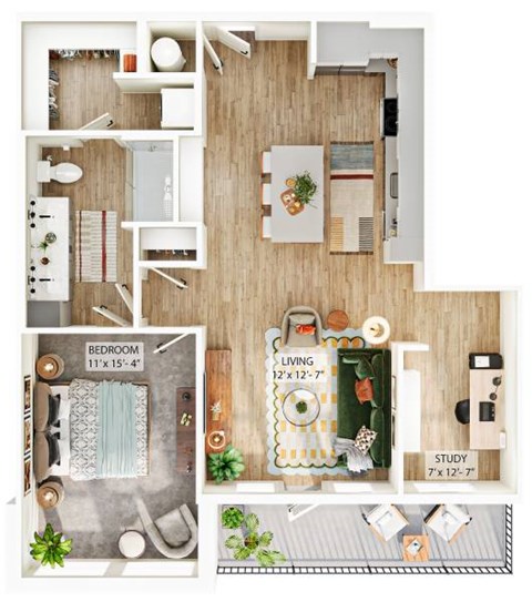 Floor plan for 1 bed, 1 bath, 884 sqft