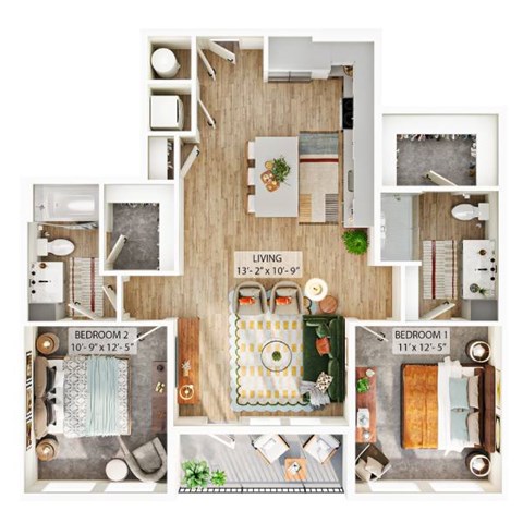 Floor plan for 2 beds, 2 baths, 1105 sqft