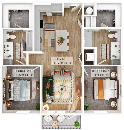 Floor plan for 2 beds, 2 baths, 1120 sqft