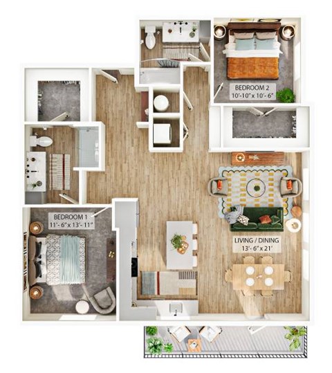 Floor plan for 2 beds, 2 baths, 1271 sqft