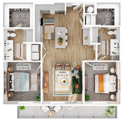 Floor plan for 2 beds, 2 baths, 1168 sqft
