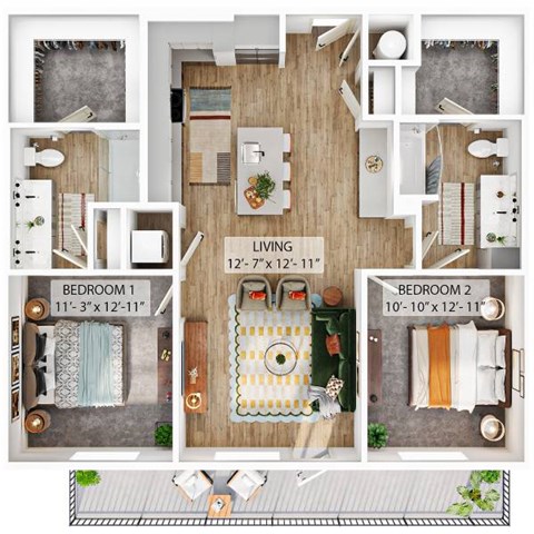 Floor plan for 2 beds, 2 baths, 1168 sqft