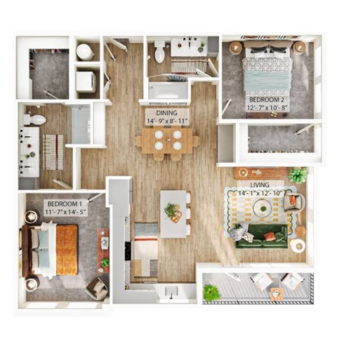 Floor plan for 2 beds, 2 baths, 1280 sqft