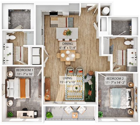 Floor plan for 2 beds, 2 baths, 1298 sqft