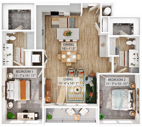 Floor plan for 2 beds, 2 baths, 1298 sqft