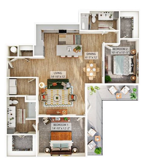 Floor plan for 2 beds, 2 baths, 1310 sqft