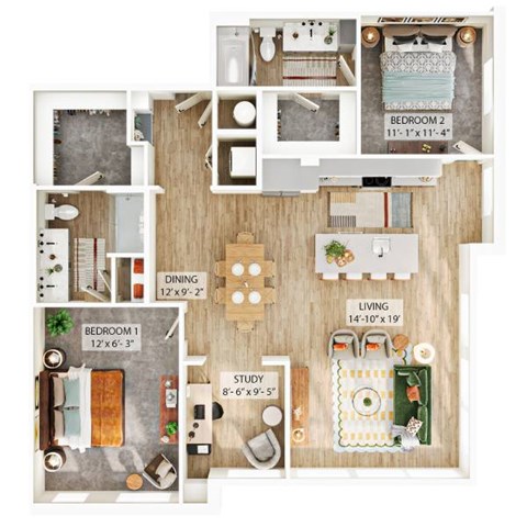 Floor plan for 2 beds, 2 baths, 1424 sqft