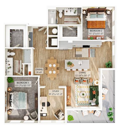 Floor plan for 2 beds, 2 baths, 1366 sqft