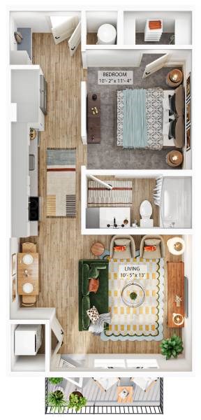 Floor plan for studio, 1 bath, 630 sqft