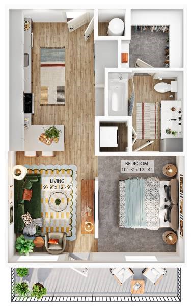 Floor plan for studio, 1 bath, 668 sqft