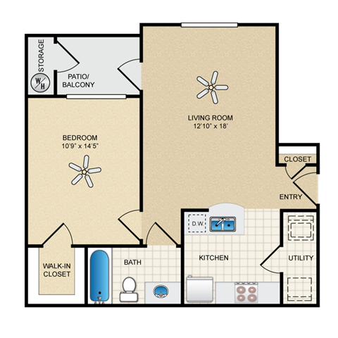 Floor plan for 1 bed, 1 bath, 668 sqft