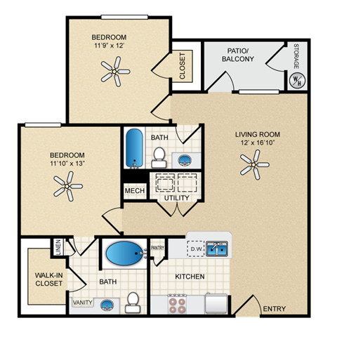 Floor plan for 2 beds, 2 baths, 1001 sqft