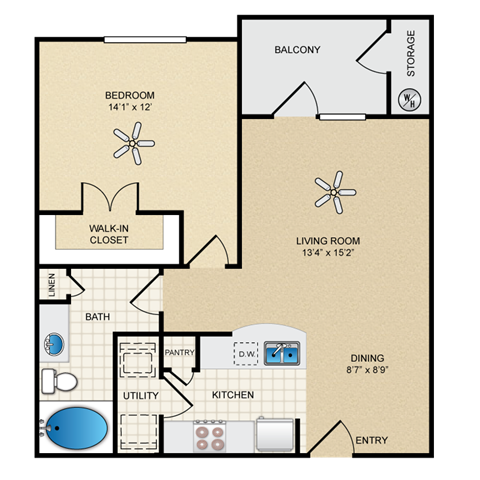 Floor plan for 2 beds, 2 baths, 902 sqft