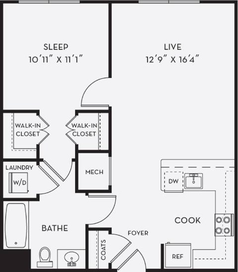 Floor plan for 1 bed, 1 bath, 701 sqft